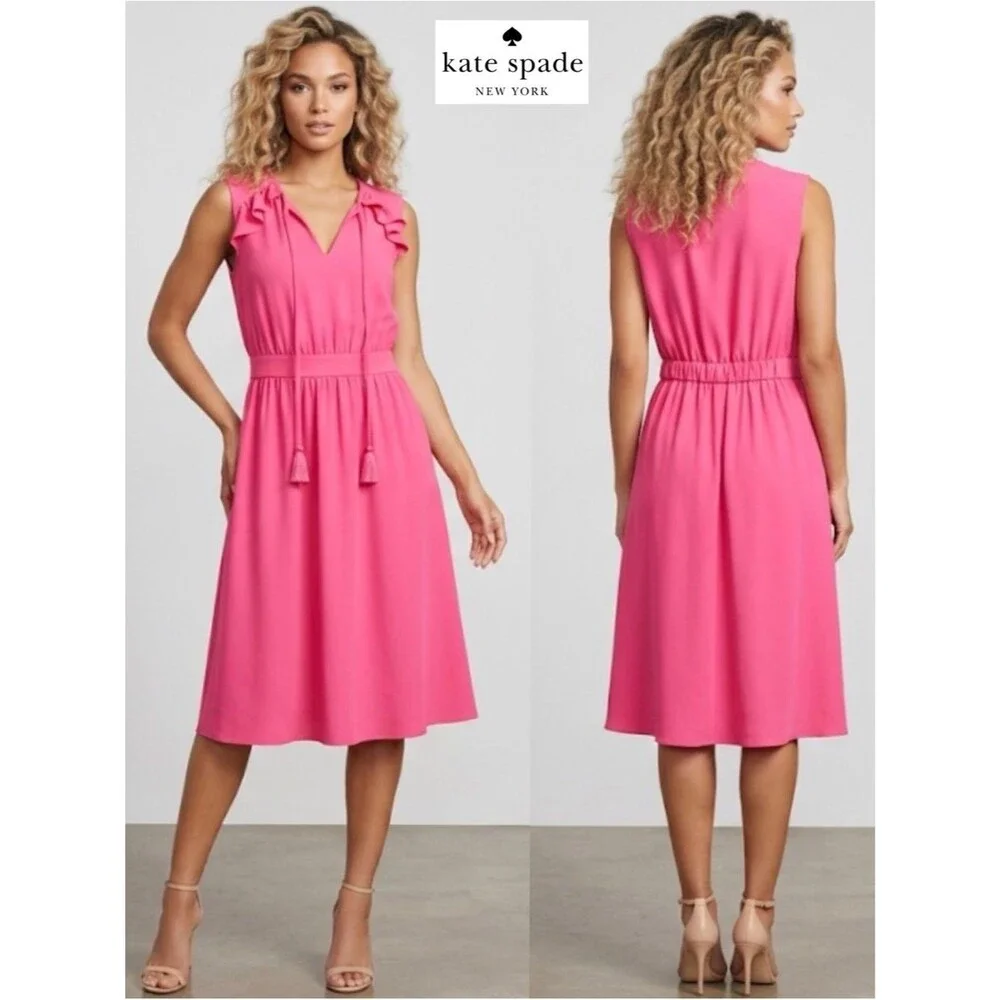 Kate Spade Tile Barbie Pink Crepe Ruffle Fit & Flare Tassel Tie Midi Dress M